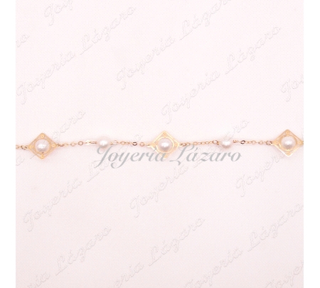 PULSERA ORO 18KTS PERLAS + JAULA CUADRADO