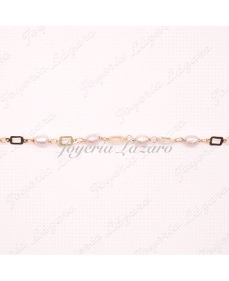 PULSERA ORO 18KTS  PERLAS + CUADRADITOS CALADOS