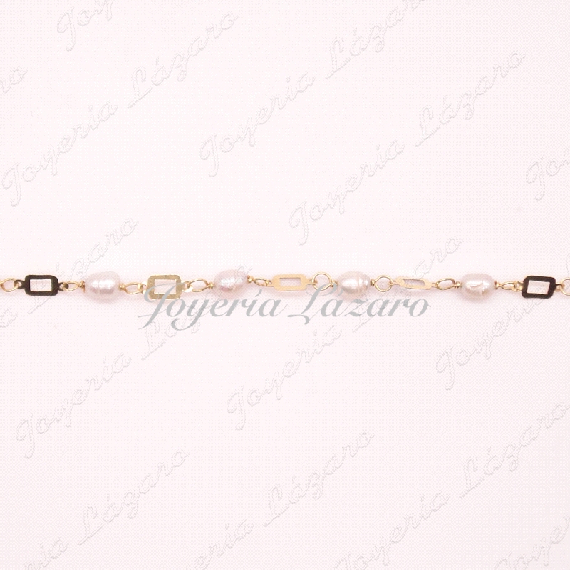 PULSERA ORO 18KTS  PERLAS + CUADRADITOS CALADOS