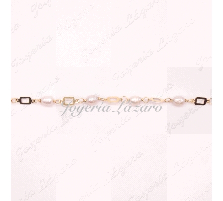 PULSERA ORO 18KTS  PERLAS + CUADRADITOS CALADOS