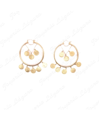 PENDIENTES 18KTS AROS 1/2 CAÑA 3 MONEDAS INTERIOR+5MONEDAS EN FILO EXT