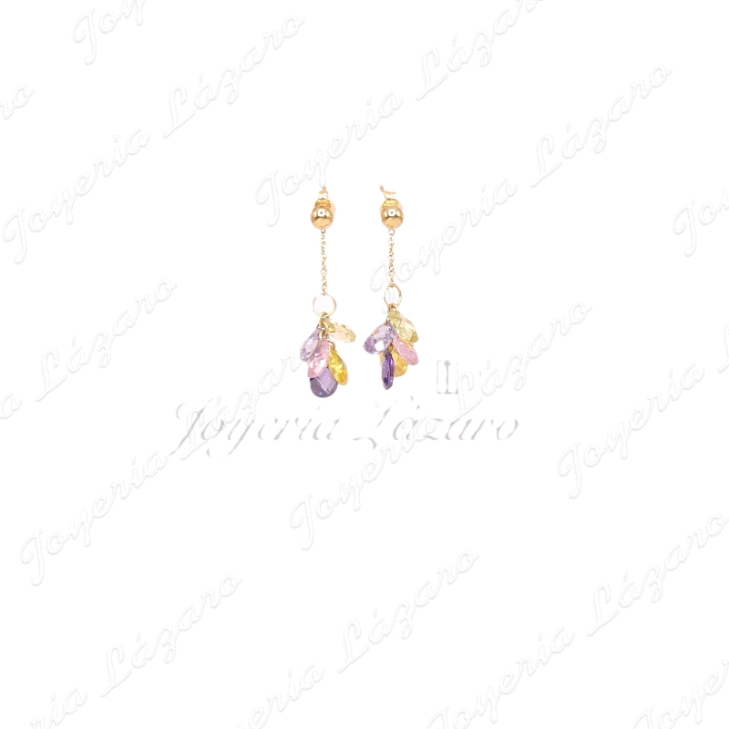 PENDIENTES LARGOS 18KTS PRES. RAMILLETE MULTICOLOR CRISTALES BRIOLLE