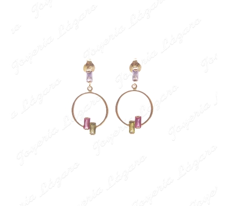 PEND. LARGOS ORO 18 KTS ARO EN PLANO CON DOS CIRCO BAG.ROSA Y AMARILLO