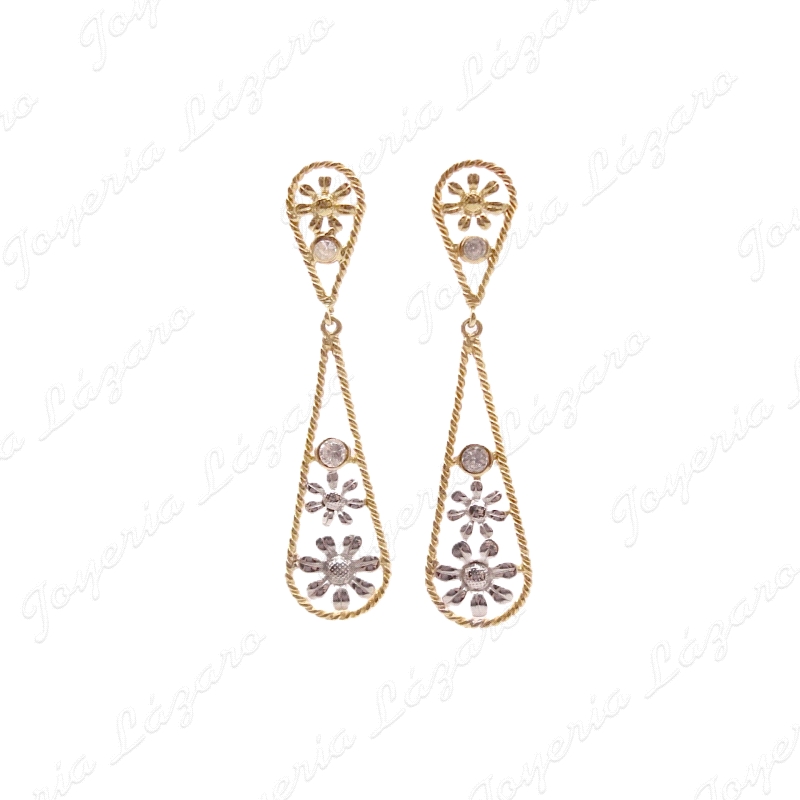 PEND. LARGOS ORO 18 KTS BIC. GOTA CALADA CON FLORES BLANCAS DENTRO