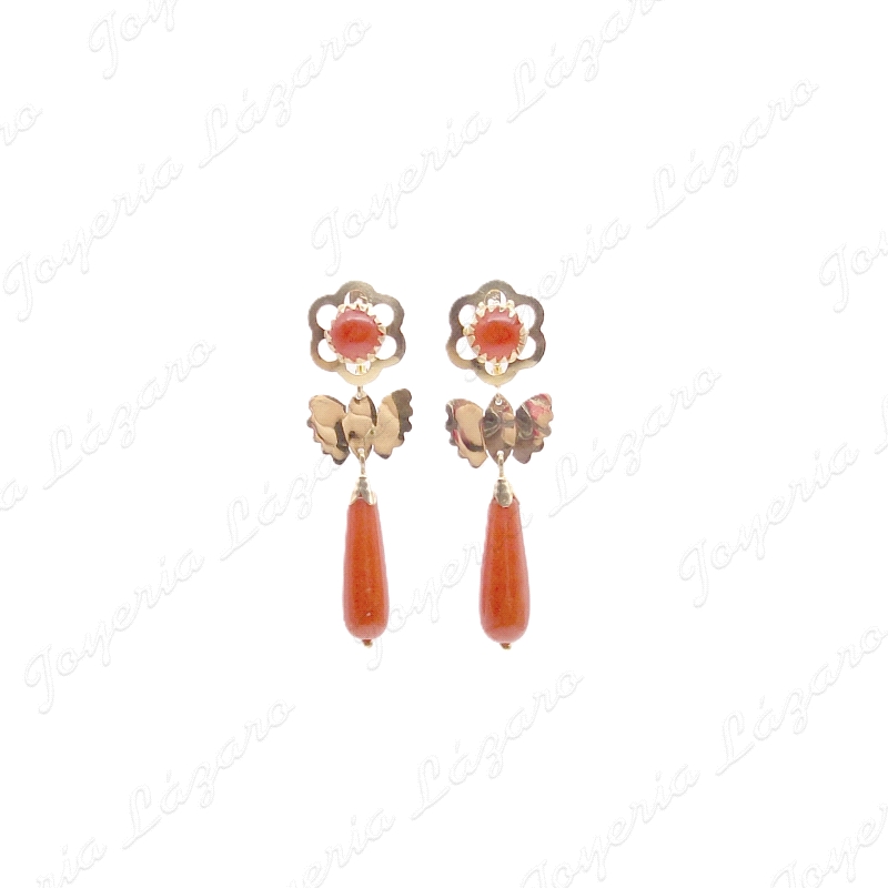 ORO 18 KTS PENDIENTES CORAL CHUPONES +CABUJON CON MARIPOSA