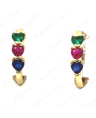 PEND. AROS ORO 18 KTS 3 CORAZONES COLORES