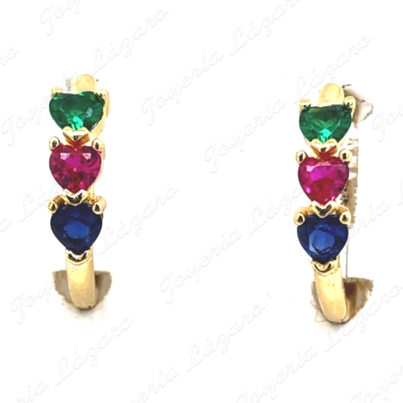 PEND. AROS ORO 18 KTS 3 CORAZONES COLORES