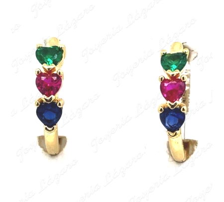 PEND. AROS ORO 18 KTS 3 CORAZONES COLORES