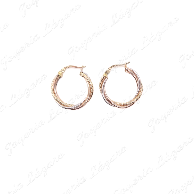 PEND. AROS ORO 18 KTS TRICOLOR 15MM INT 3 HILOS, 1 HILO RIZADO