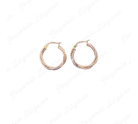 PEND. AROS ORO 18 KTS TRICOLOR 15MM INT 3 HILOS, 1 HILO RIZADO