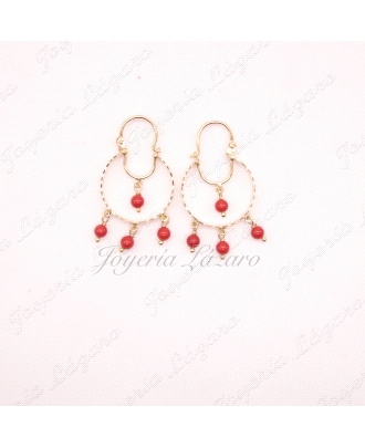 PENDIENTES AROS GITANILLAS CON BOLAS DE CORAL COLGANDO