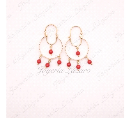 PENDIENTES AROS GITANILLAS CON BOLAS DE CORAL COLGANDO