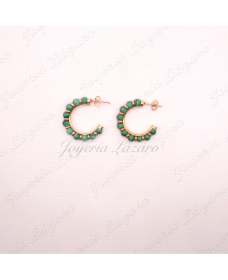 PEND. 18KTS AROS ABIERTOS  17MM INT. BOLITAS MALAQUITA (VERDE ) C. PRE