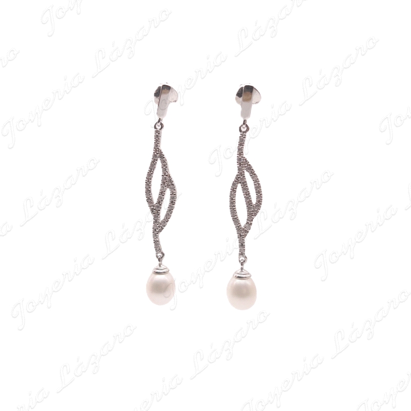 ORO 18 KTS  BL. PENDIENTES LARGOS NOVIA CIRCO ENGASTE+ PERLA