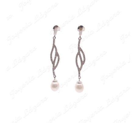 ORO 18 KTS BL. PENDIENTES LARGOS NOVIA CIRCO ENGASTE+ PERLA