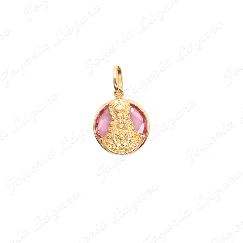 MEDALLA ORO 18 KTS BOCELADA 10MM VIRGEN DEL ROCIO SOBRE CRISTAL ROSA