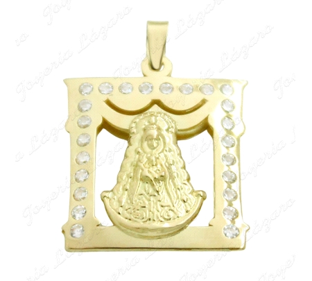 MEDALLA ORO 18 KTS VIRGEN DEL ROCIO CUADRADA CIRCO EN MARCO 18X16mm
