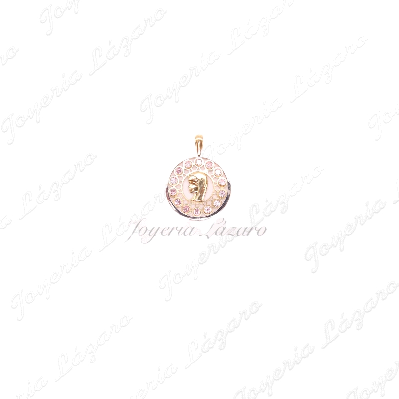 MEDALLA ORO 18 KTS  VIRGEN NIÑA 18MM CIRCO. ROSA CALADA
