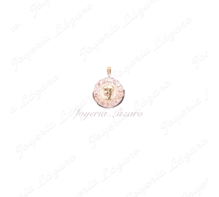 MEDALLA ORO 18 KTS  VIRGEN NIÑA 18MM CIRCO. ROSA CALADA