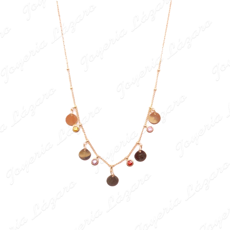 GARGANTILLA ORO 18 KTS 44+3 CM MOTIVOS,CIRCULOS + PIEDRAS COLOR