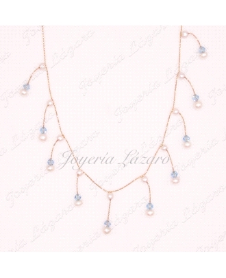 ORO 18 KTS GARGANTILLA PERLAS + CRISTAL CELESTE