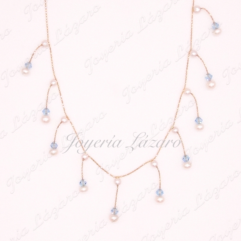 ORO 18 KTS GARGANTILLA PERLAS + CRISTAL CELESTE