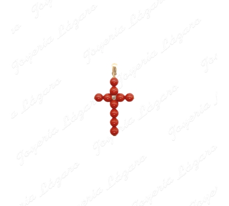 CRUZ ORO 18 KTS BOLITAS CORAL ROJO SINT. 13X22MM SIN ASA