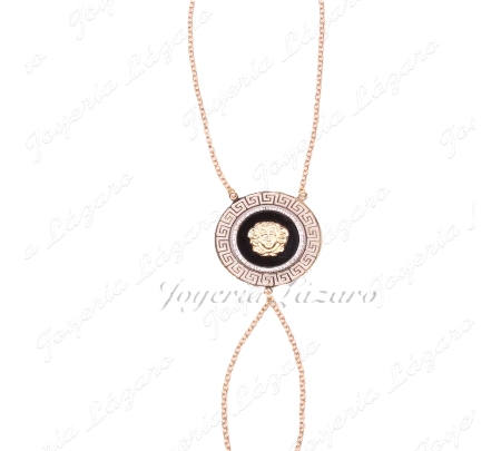 PULSERA ROMANA ORO 9 KTS MEDALLON ONIX+MEDUSA CERCO CALADO GRECA 28MM                               