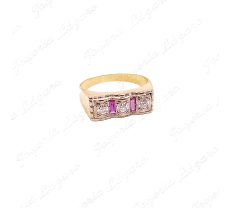 SORTIJA ORO 18KT OCASION TRISILLO 3 CICONITAS +2 RUBIES BAGUETTE