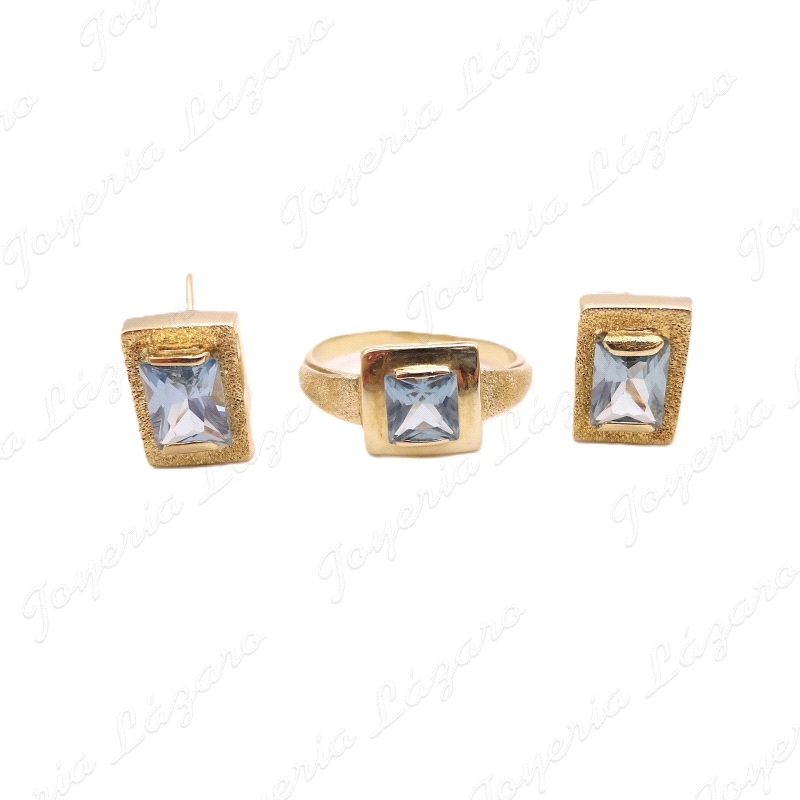 JUEGOS ORO 18KT OCASION PEN+SOR MATE Y BRILLO P. AGUA MARINA CUADRADA                               