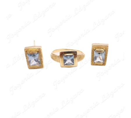 JUEGOS ORO 18KT OCASION PEN+SOR MATE Y BRILLO P. AGUA MARINA CUADRADA                               
