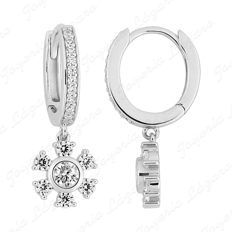 PEND. AROS PLATA +FLOR 6 PETALOS CIRCONITA COLGANDO                                                 