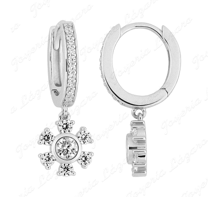 PEND. AROS PLATA +FLOR 6 PETALOS CIRCONITA COLGANDO                                                 