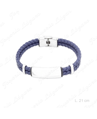 PULSERA ACERO CUERO TRENZADO + PLACA AZUL                                                           