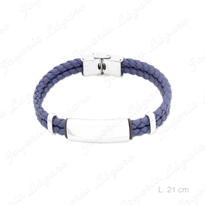 PULSERA ACERO CUERO TRENZADO + PLACA AZUL                                                           