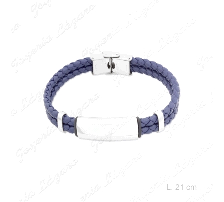 PULSERA ACERO CUERO TRENZADO + PLACA AZUL                                                           