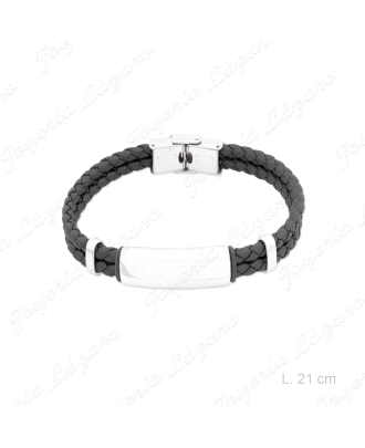 PULSERA ACERO CUERO TRENSADO PLACA NEGRO                                                            