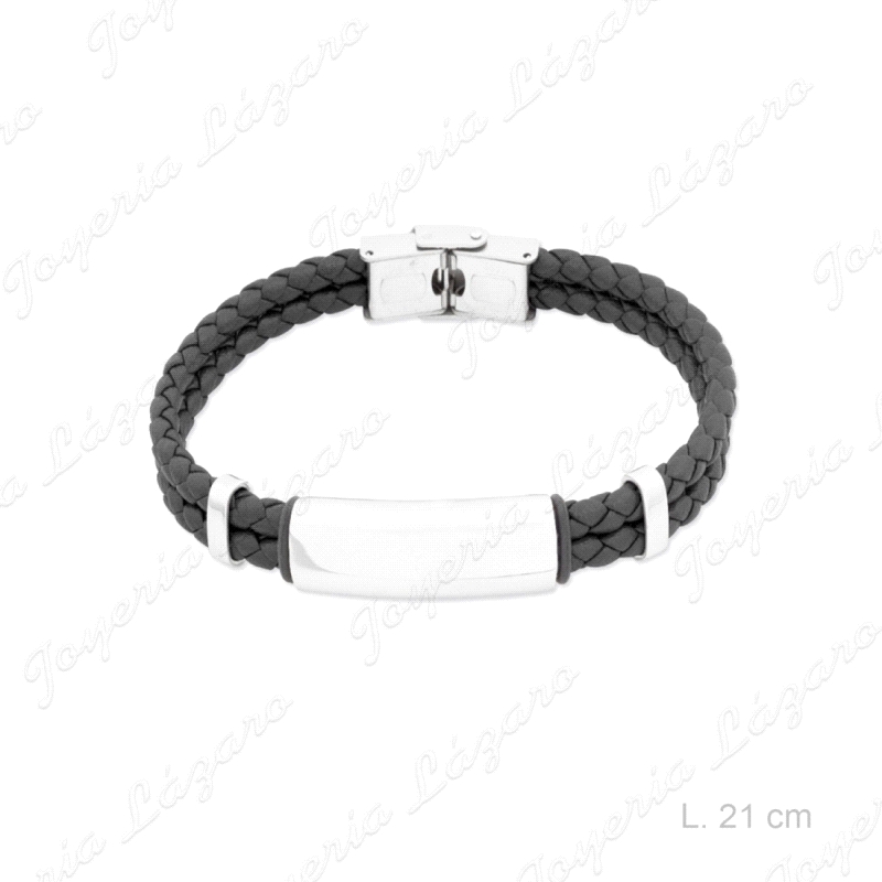 PULSERA ACERO CUERO TRENSADO PLACA NEGRO                                                            