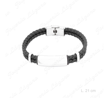 PULSERA ACERO CUERO TRENSADO PLACA NEGRO                                                            