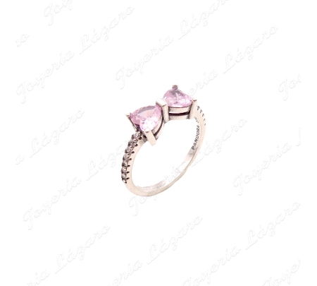 SORTIJA PLATA SOLITARIO DOS CIRCOS GARRAS CORAZONES ROSA + CIRCO CINTO                              