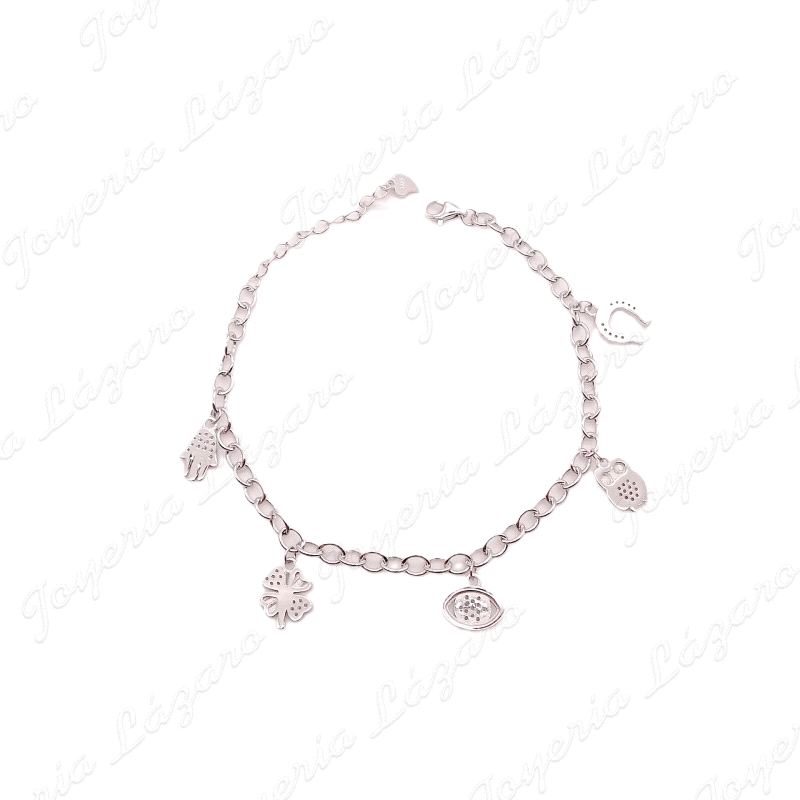 PULSERA PLATA SUERTE, BUHO,TREBOL,HERRADURA,M. FATIMA, O. TURCO                                     