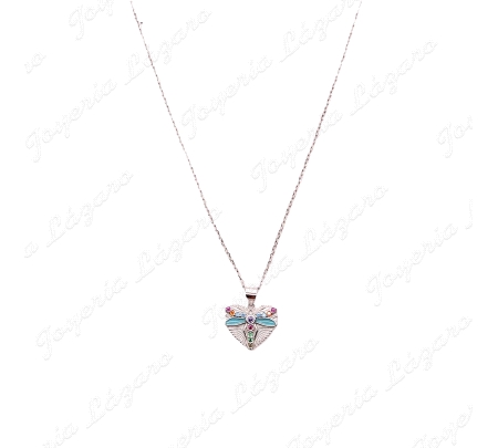 GARGANTILLA PLATA CORAZON CON LIBELULA COLORES