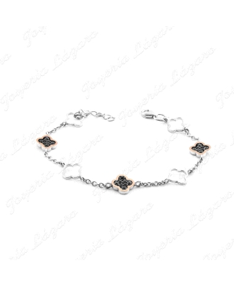 PULSERA PLATA Y ORO 9KTS FLOR CIRCOS NEGRAS+FLOR CALACA                                             