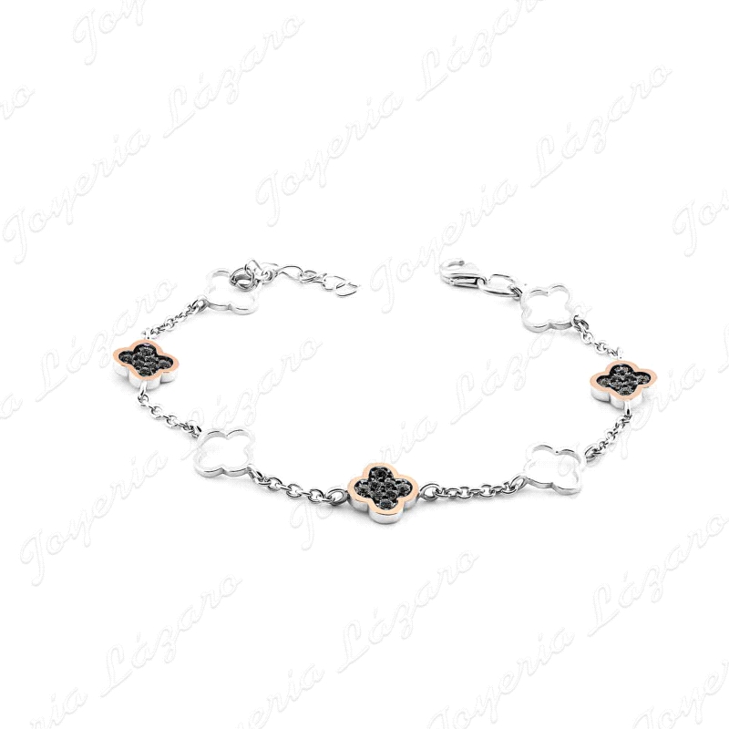 PULSERA PLATA Y ORO 9KTS FLOR CIRCOS NEGRAS+FLOR CALACA                                             
