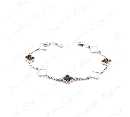 PULSERA PLATA Y ORO 9KTS FLOR CIRCOS NEGRAS+FLOR CALACA
