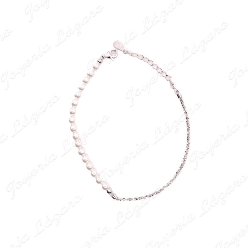 PULSERA PLATA MITAD PERLAS 4MM/MITAD CADENA CORDON                                                  