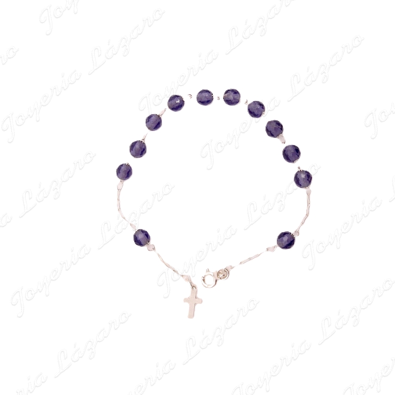 PULSERA PLATA ROSARIO BOLAS 7MM AMASTISTAS + CRUZ                                                   