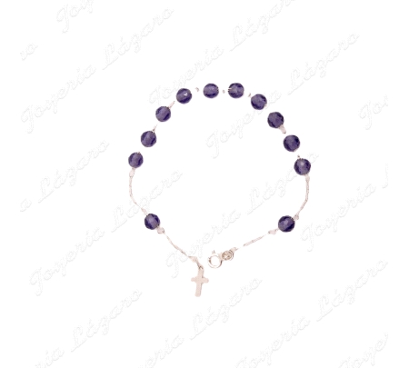 PULSERA PLATA ROSARIO BOLAS 7MM AMASTISTAS + CRUZ