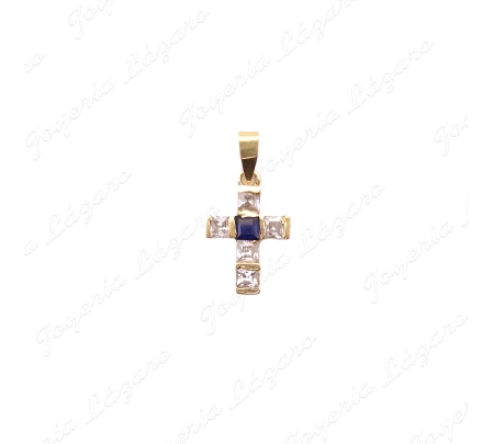CRUZ ORO 18KT OCASION 11X15MM CIRCONITAS+CENTRO AZUL                                                