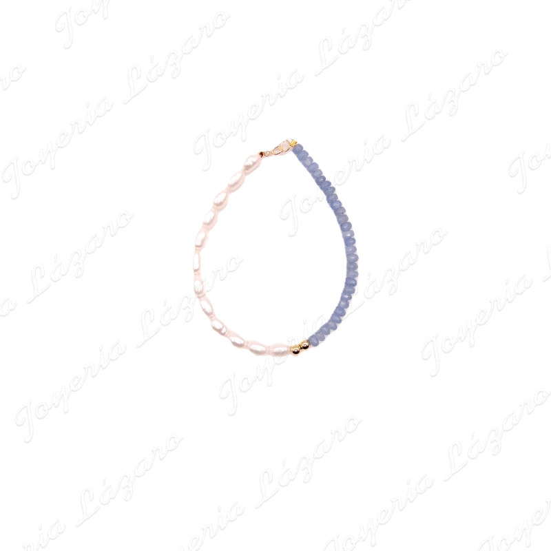PULSERA ORO 18 KTS COMUNION PERLAS+CRISTALES AZULES
